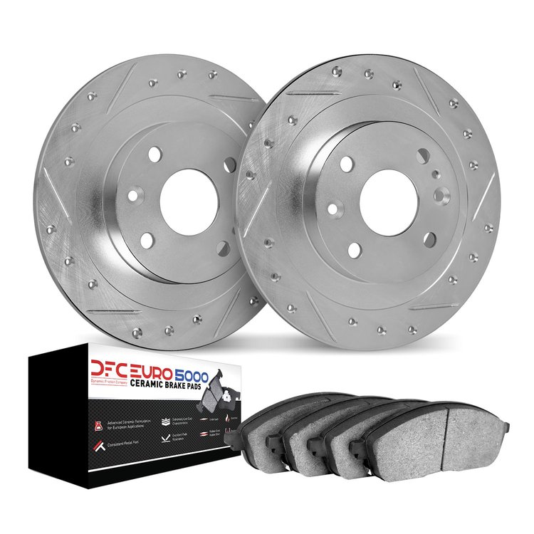 7602-92014 Drilled/Slotted Brake Rotors w/5000 Euro Ceramic Brake Pads Kit [Silver], 2018-2019 Audi/Volkswagen, Position: Rear
