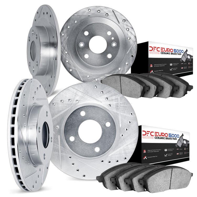 7604-54002 Drilled/Slotted Brake Rotors w/5000 Euro Ceramic Brake Pads Kit [Silver], 2002-2004 Ford/Lincoln/Mercury/Mazda, Posit