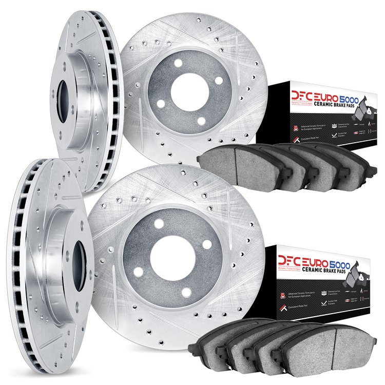 7604-56000 Drilled/Slotted Brake Rotors w/5000 Euro Ceramic Brake Pads Kit [Silver], 1995-2000 Ford/Lincoln/Mercury/Mazda, Posit