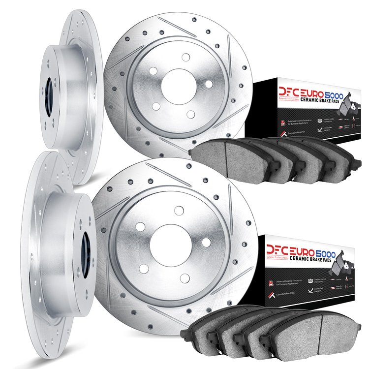 7604-63003 Drilled/Slotted Brake Rotors w/5000 Euro Ceramic Brake Pads Kit [Silver], 1964-1966 Mercedes-Benz, Position: Front an