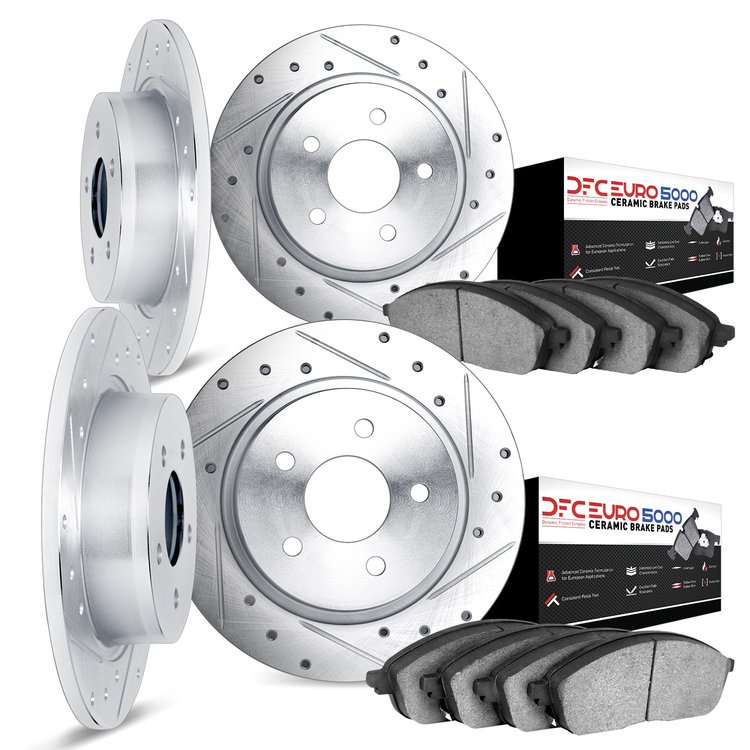 7604-63006 Drilled/Slotted Brake Rotors w/5000 Euro Ceramic Brake Pads Kit [Silver], 1968-1976 Mercedes-Benz, Position: Front an