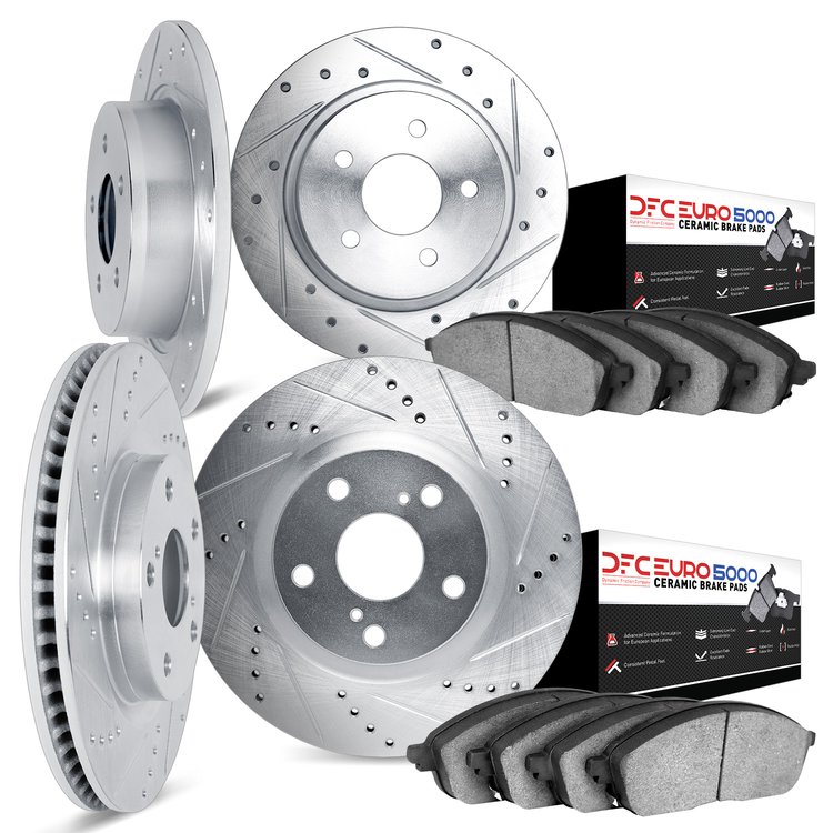 7604-74007 Drilled/Slotted Brake Rotors w/5000 Euro Ceramic Brake Pads Kit [Silver], 2006-2010 Audi/Volkswagen, Position: Front 