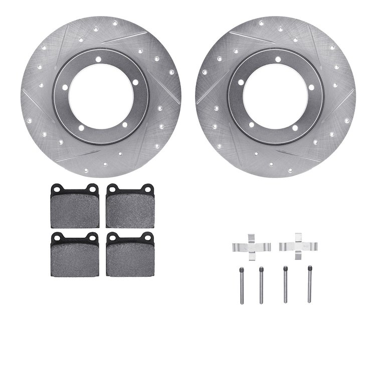 7612-02001 Drilled/Slotted Brake Rotors w/5000 Euro Ceramic Brake Pads Kit & Hardware [Silver], 1965-1973 Porsche, Position: Fro