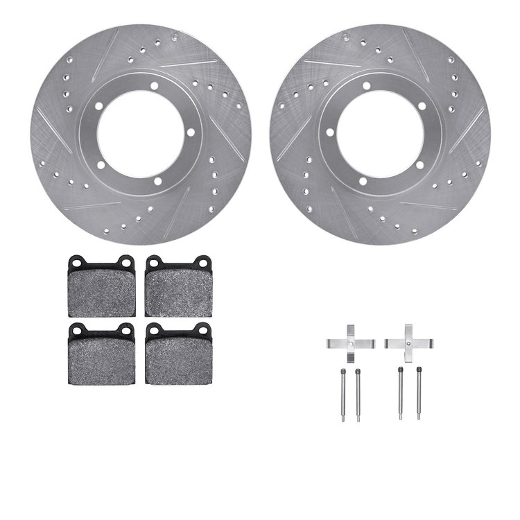 7612-02003 Drilled/Slotted Brake Rotors w/5000 Euro Ceramic Brake Pads Kit & Hardware [Silver], 1967-1974 Porsche, Position: Fro
