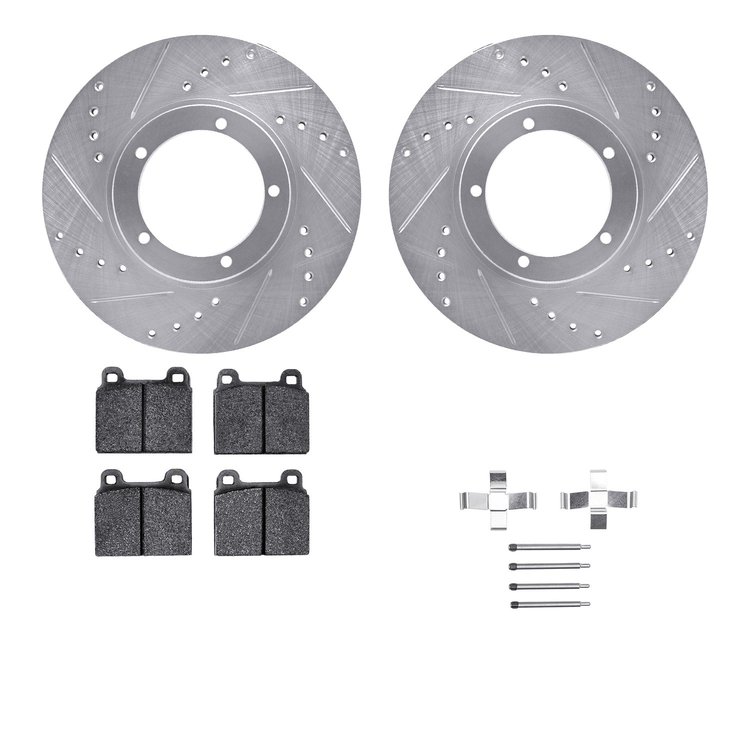 7612-02004 Drilled/Slotted Brake Rotors w/5000 Euro Ceramic Brake Pads Kit & Hardware [Silver], 1978-1983 Porsche, Position: Fro