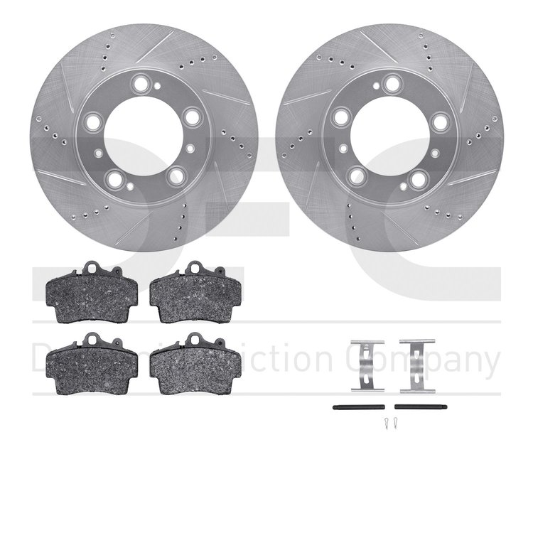 7612-02007 Drilled/Slotted Brake Rotors w/5000 Euro Ceramic Brake Pads Kit & Hardware [Silver], 1997-2004 Porsche, Position: Fro