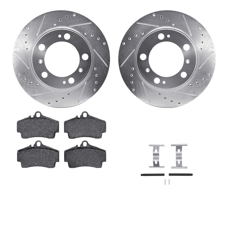 7612-02008 Drilled/Slotted Brake Rotors w/5000 Euro Ceramic Brake Pads Kit & Hardware [Silver], 1997-2004 Porsche, Position: Rea