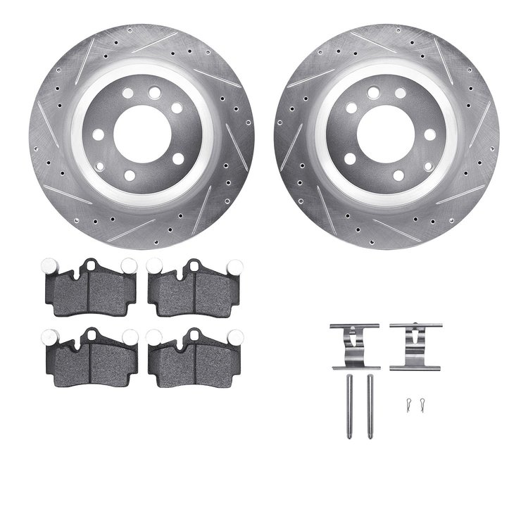 7612-02010 Drilled/Slotted Brake Rotors w/5000 Euro Ceramic Brake Pads Kit & Hardware [Silver], 2005-2006 Porsche, Position: Rea