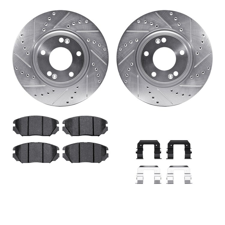 7612-03000 Drilled/Slotted Brake Rotors w/5000 Euro Ceramic Brake Pads Kit & Hardware [Silver], 2006-2011 Kia/Hyundai/Genesis, P