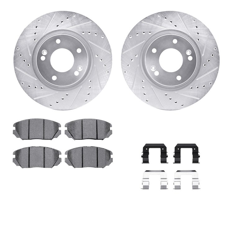 7612-03001 Drilled/Slotted Brake Rotors w/5000 Euro Ceramic Brake Pads Kit & Hardware [Silver], 2005-2010 Kia/Hyundai/Genesis, P