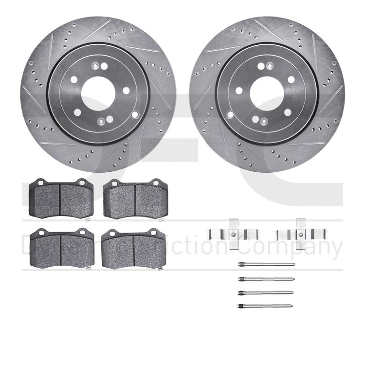 7612-03002 Drilled/Slotted Brake Rotors w/5000 Euro Ceramic Brake Pads Kit & Hardware [Silver], 2010-2016 Kia/Hyundai/Genesis, P