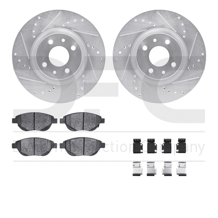 7612-07003 Drilled/Slotted Brake Rotors w/5000 Euro Ceramic Brake Pads Kit & Hardware [Silver], 2012-2019 Mopar, Position: Front