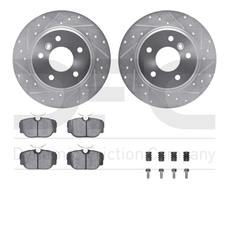 7612-11001 Drilled/Slotted Brake Rotors w/5000 Euro Ceramic Brake Pads Kit & Hardware [Silver], 1994-2004 Land Rover, Position: 