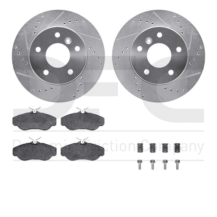 7612-11002 Drilled/Slotted Brake Rotors w/5000 Euro Ceramic Brake Pads Kit & Hardware [Silver], 1999-2004 Land Rover, Position: 