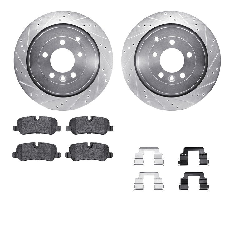 7612-11006 Drilled/Slotted Brake Rotors w/5000 Euro Ceramic Brake Pads Kit & Hardware [Silver], 2005-2016 Land Rover, Position: 