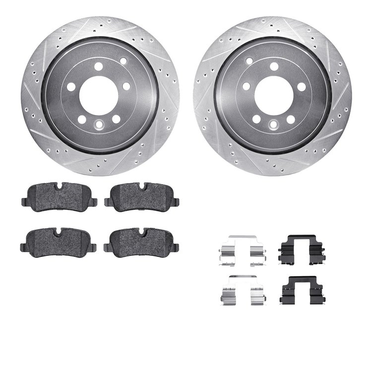7612-11007 Drilled/Slotted Brake Rotors w/5000 Euro Ceramic Brake Pads Kit & Hardware [Silver], 2010-2013 Land Rover, Position: 