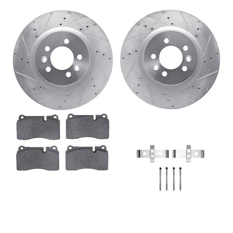 7612-11008 Drilled/Slotted Brake Rotors w/5000 Euro Ceramic Brake Pads Kit & Hardware [Silver], 2006-2009 Land Rover, Position: 