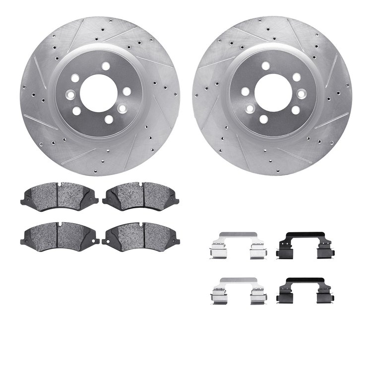 7612-11009 Drilled/Slotted Brake Rotors w/5000 Euro Ceramic Brake Pads Kit & Hardware [Silver], 2010-2017 Land Rover, Position: 