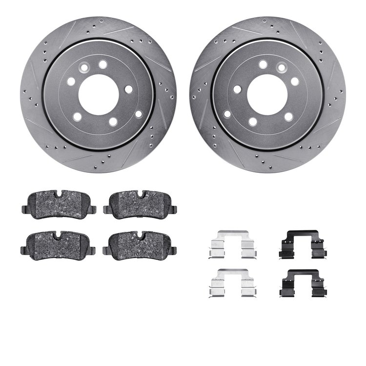 7612-11010 Drilled/Slotted Brake Rotors w/5000 Euro Ceramic Brake Pads Kit & Hardware [Silver], 2005-2007 Land Rover, Position: 