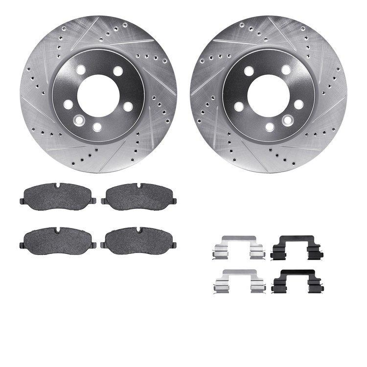 7612-11011 Drilled/Slotted Brake Rotors w/5000 Euro Ceramic Brake Pads Kit & Hardware [Silver], 2005-2007 Land Rover, Position: 