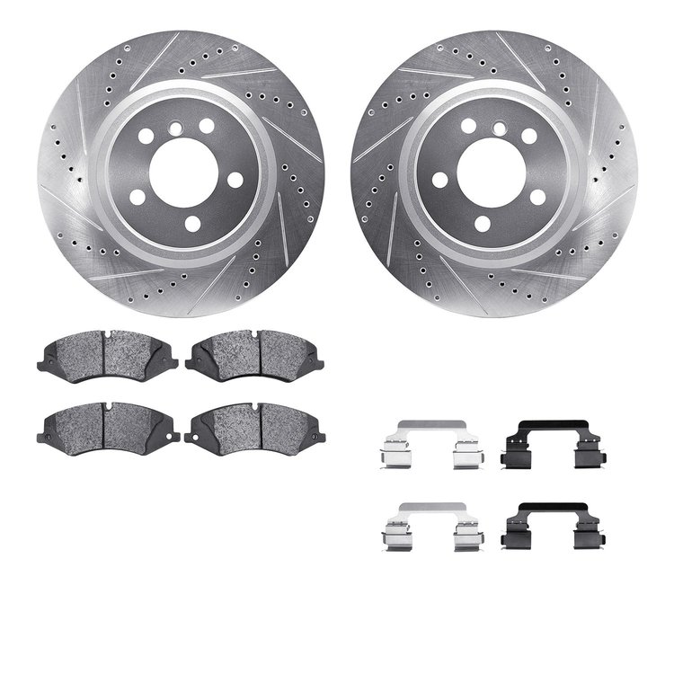 7612-11013 Drilled/Slotted Brake Rotors w/5000 Euro Ceramic Brake Pads Kit & Hardware [Silver], 2010-2012 Land Rover, Position: 