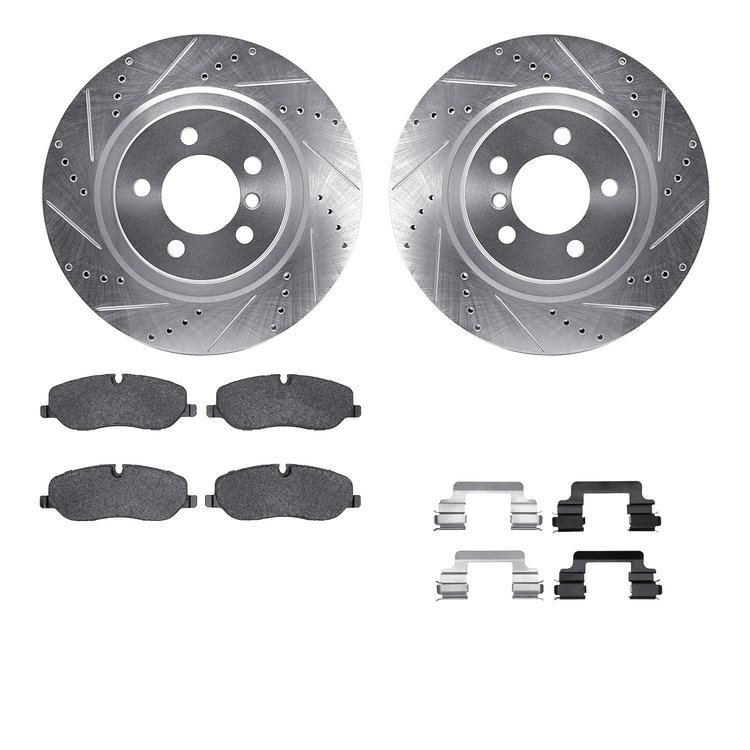 7612-11014 Drilled/Slotted Brake Rotors w/5000 Euro Ceramic Brake Pads Kit & Hardware [Silver], 2006-2009 Land Rover, Position: 