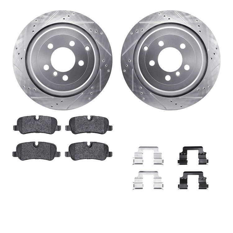 7612-11015 Drilled/Slotted Brake Rotors w/5000 Euro Ceramic Brake Pads Kit & Hardware [Silver], 2006-2012 Land Rover, Position: 