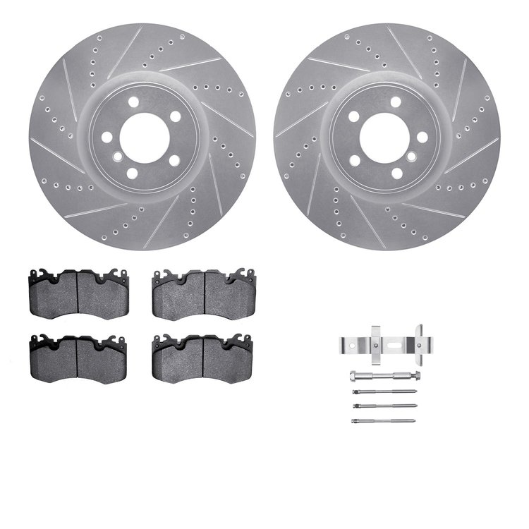 7612-11018 Drilled/Slotted Brake Rotors w/5000 Euro Ceramic Brake Pads Kit & Hardware [Silver], 2010-2012 Land Rover, Position: 