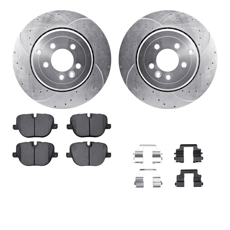 7612-11019 Drilled/Slotted Brake Rotors w/5000 Euro Ceramic Brake Pads Kit & Hardware [Silver], 2010-2013 Land Rover, Position: 