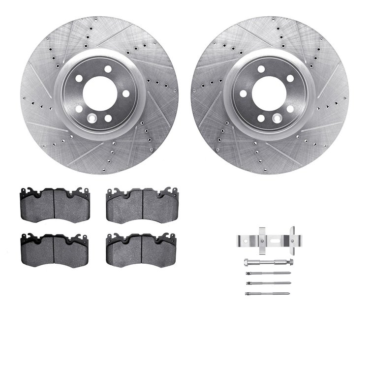 7612-11020 Drilled/Slotted Brake Rotors w/5000 Euro Ceramic Brake Pads Kit & Hardware [Silver], 2010-2017 Land Rover, Position: 