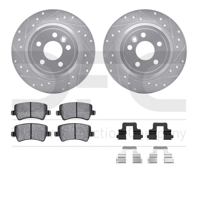 7612-11023 Drilled/Slotted Brake Rotors w/5000 Euro Ceramic Brake Pads Kit & Hardware [Silver], 2013-2015 Land Rover, Position: 