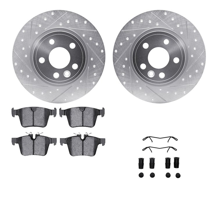 7612-11026 Drilled/Slotted Brake Rotors w/5000 Euro Ceramic Brake Pads Kit & Hardware [Silver], 2015-2020 Multiple Makes/Models,