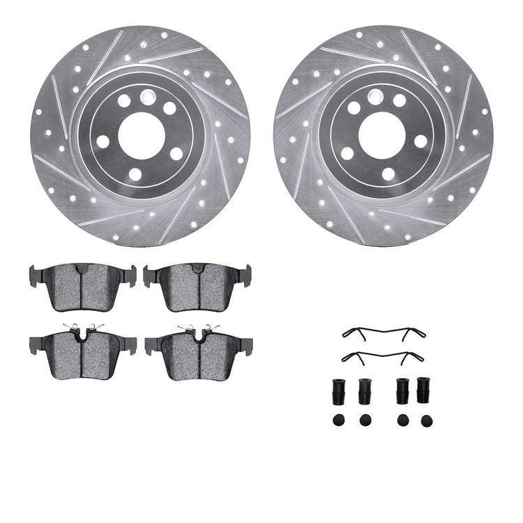 7612-11027 Drilled/Slotted Brake Rotors w/5000 Euro Ceramic Brake Pads Kit & Hardware [Silver], 2016-2019 Land Rover, Position: 