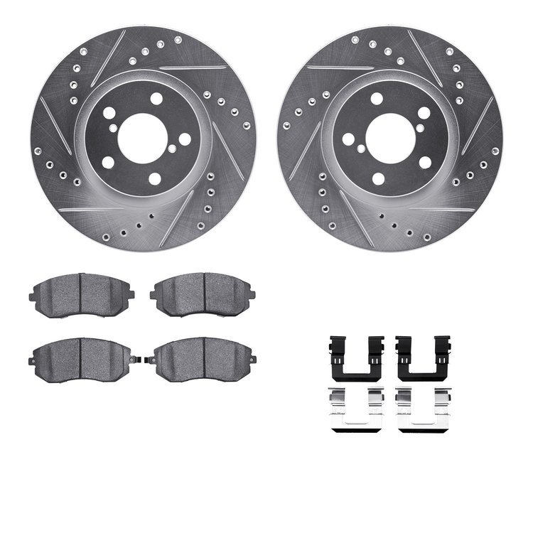 7612-13001 Drilled/Slotted Brake Rotors w/5000 Euro Ceramic Brake Pads Kit & Hardware [Silver], 2002-2010 GM, Position: Front