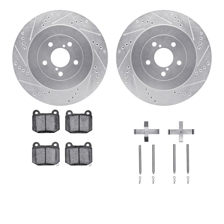 7612-13003 Drilled/Slotted Brake Rotors w/5000 Euro Ceramic Brake Pads Kit & Hardware [Silver], 2003-2004 Subaru, Position: Rear