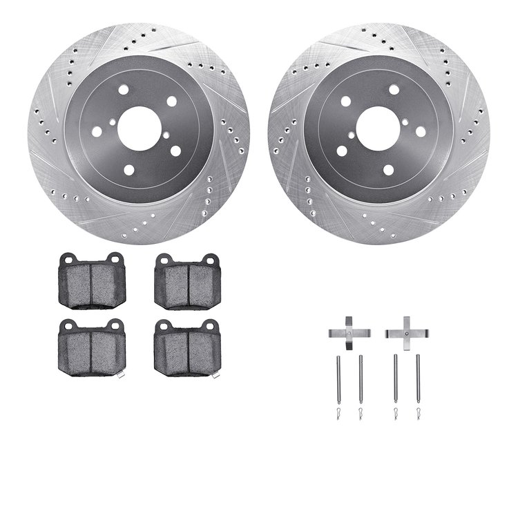7612-13005 Drilled/Slotted Brake Rotors w/5000 Euro Ceramic Brake Pads Kit & Hardware [Silver], 2005-2007 Subaru, Position: Rear