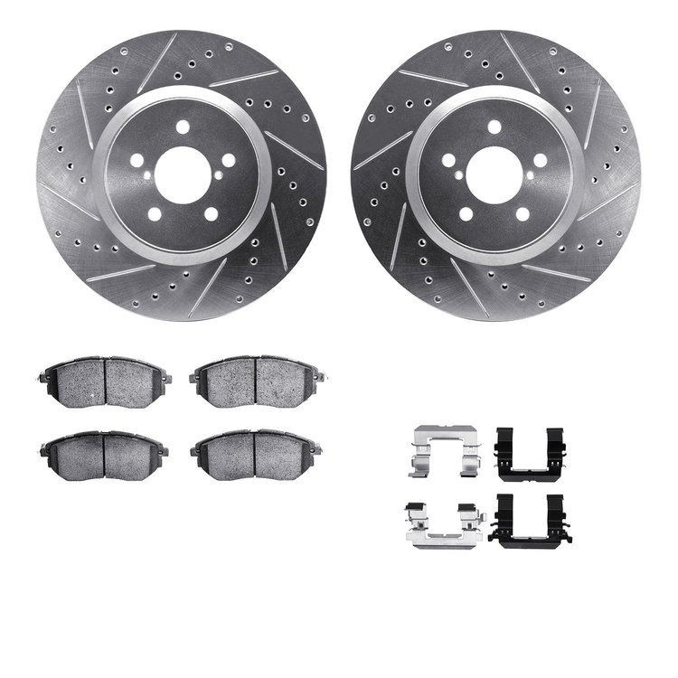 7612-13006 Drilled/Slotted Brake Rotors w/5000 Euro Ceramic Brake Pads Kit & Hardware [Silver], 2005-2018 Subaru, Position: Fron