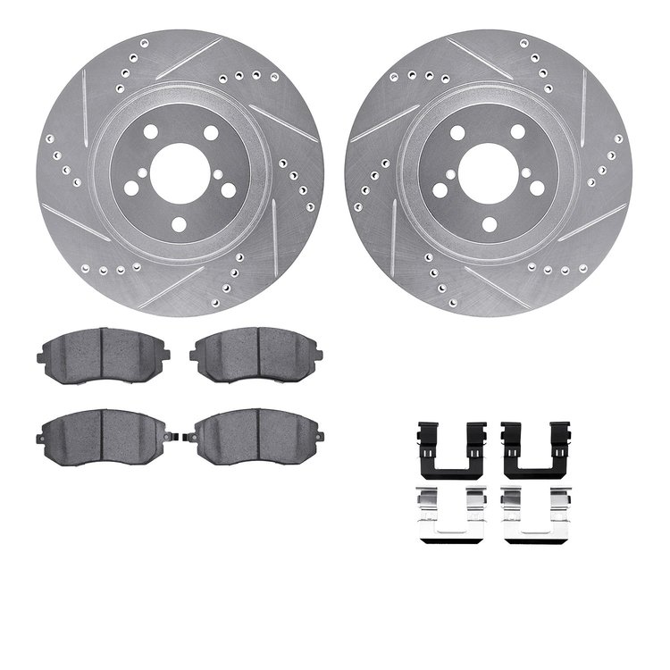 7612-13011 Drilled/Slotted Brake Rotors w/5000 Euro Ceramic Brake Pads Kit & Hardware [Silver], 2004-2012 Subaru, Position: Fron