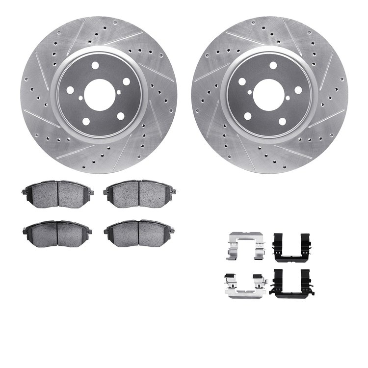 7612-13012 Drilled/Slotted Brake Rotors w/5000 Euro Ceramic Brake Pads Kit & Hardware [Silver], 2006-2021 Subaru, Position: Fron