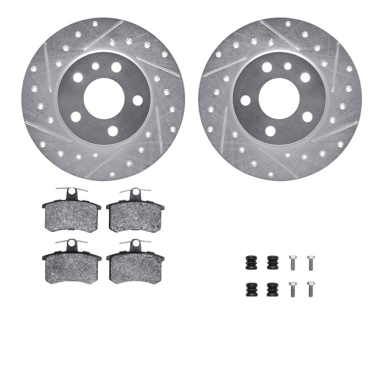 7612-16004 Drilled/Slotted Brake Rotors w/5000 Euro Ceramic Brake Pads Kit & Hardware [Silver], 1991-1995 Alfa Romeo, Position: 