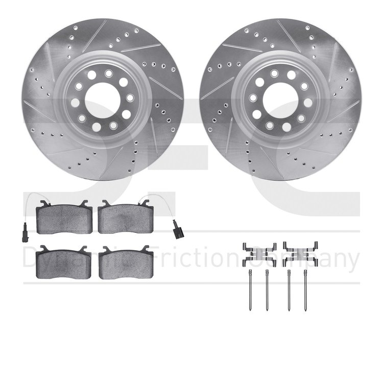 7612-16005 Drilled/Slotted Brake Rotors w/5000 Euro Ceramic Brake Pads Kit & Hardware [Silver], 2017-2021 Alfa Romeo, Position: 