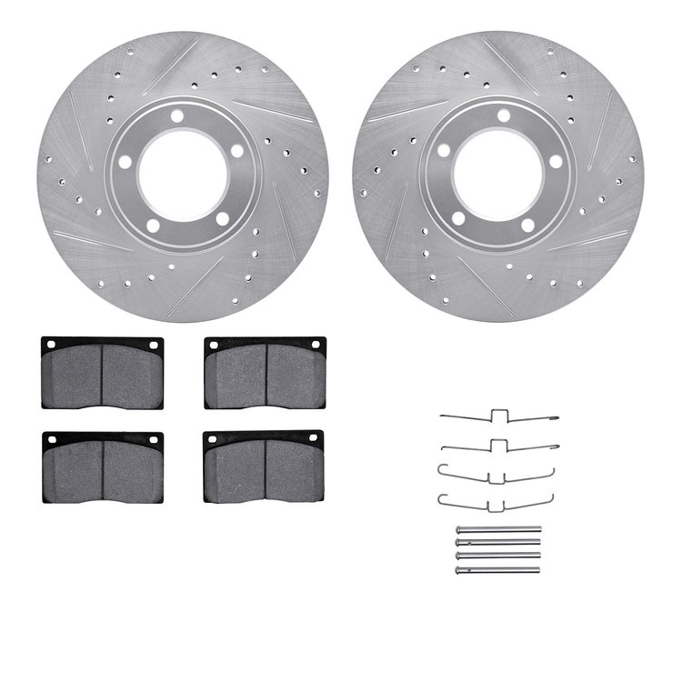 7612-20001 Drilled/Slotted Brake Rotors w/5000 Euro Ceramic Brake Pads Kit & Hardware [Silver], 1973-1997 Jaguar, Position: Fron