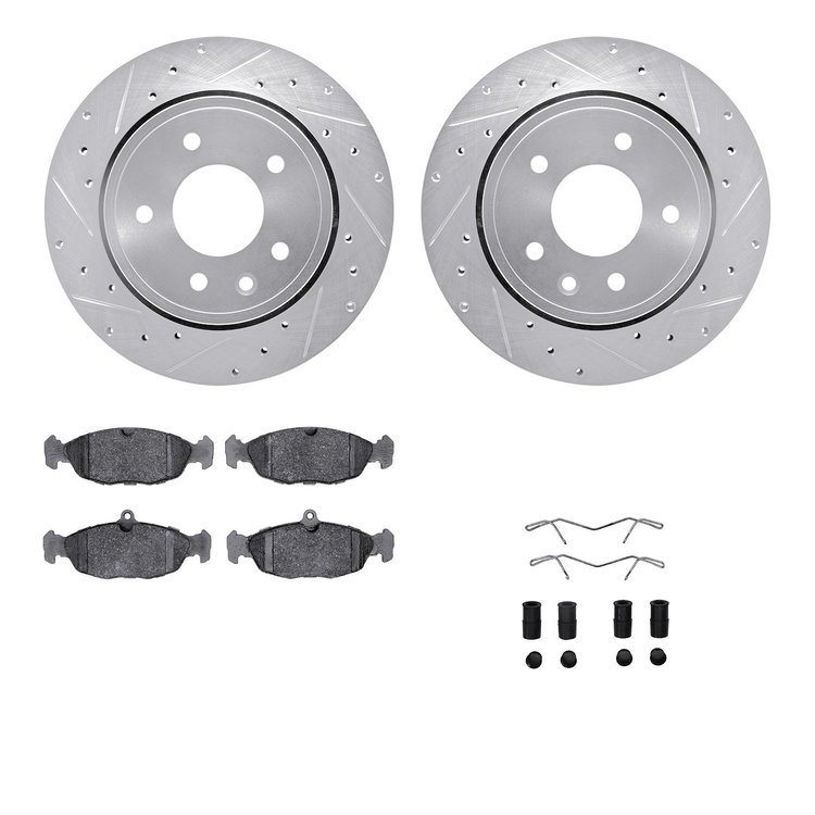 7612-20004 Drilled/Slotted Brake Rotors w/5000 Euro Ceramic Brake Pads Kit & Hardware [Silver], 1995-1997 Jaguar, Position: Rear