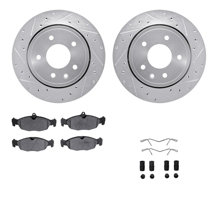 7612-20005 Drilled/Slotted Brake Rotors w/5000 Euro Ceramic Brake Pads Kit & Hardware [Silver], 1997-2006 Jaguar, Position: Rear