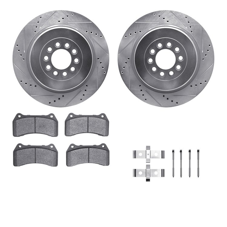 7612-20009 Drilled/Slotted Brake Rotors w/5000 Euro Ceramic Brake Pads Kit & Hardware [Silver], 2003-2005 Jaguar, Position: Fron