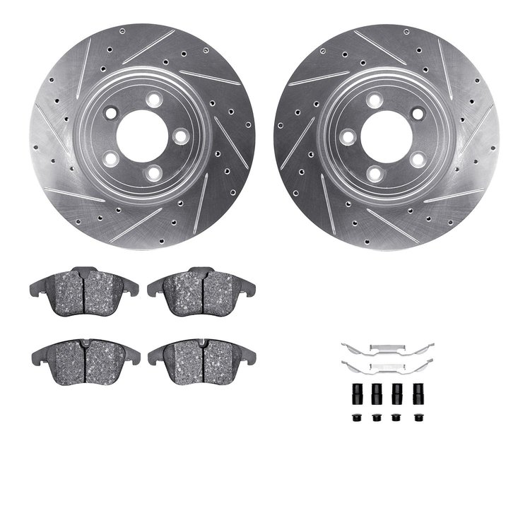 7612-20012 Drilled/Slotted Brake Rotors w/5000 Euro Ceramic Brake Pads Kit & Hardware [Silver], 2006-2010 Jaguar, Position: Fron