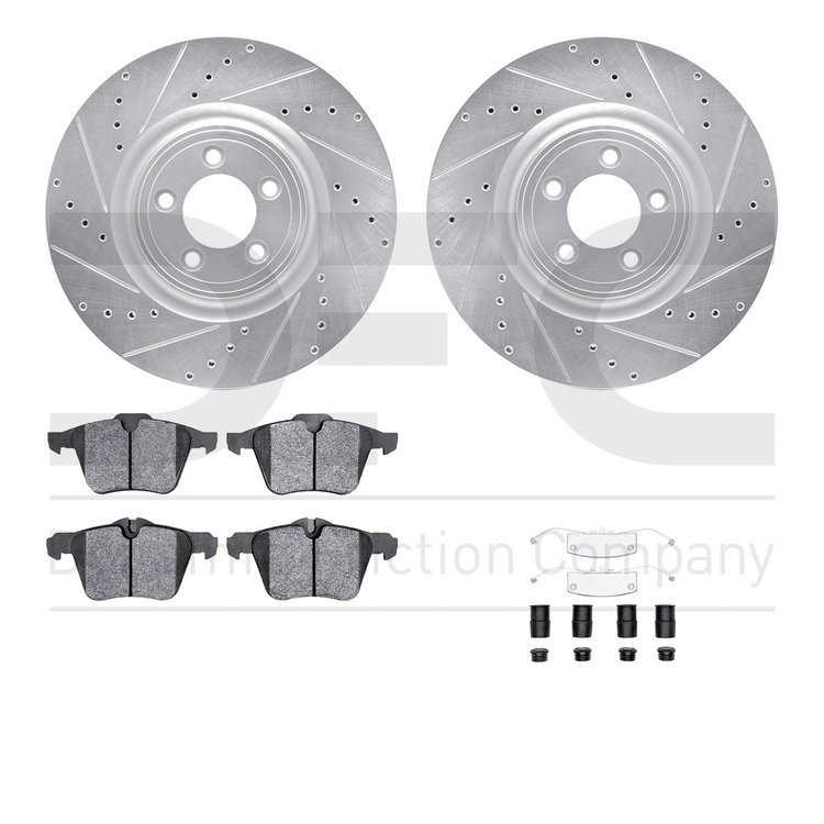 7612-20014 Drilled/Slotted Brake Rotors w/5000 Euro Ceramic Brake Pads Kit & Hardware [Silver], 2010-2019 Jaguar, Position: Fron