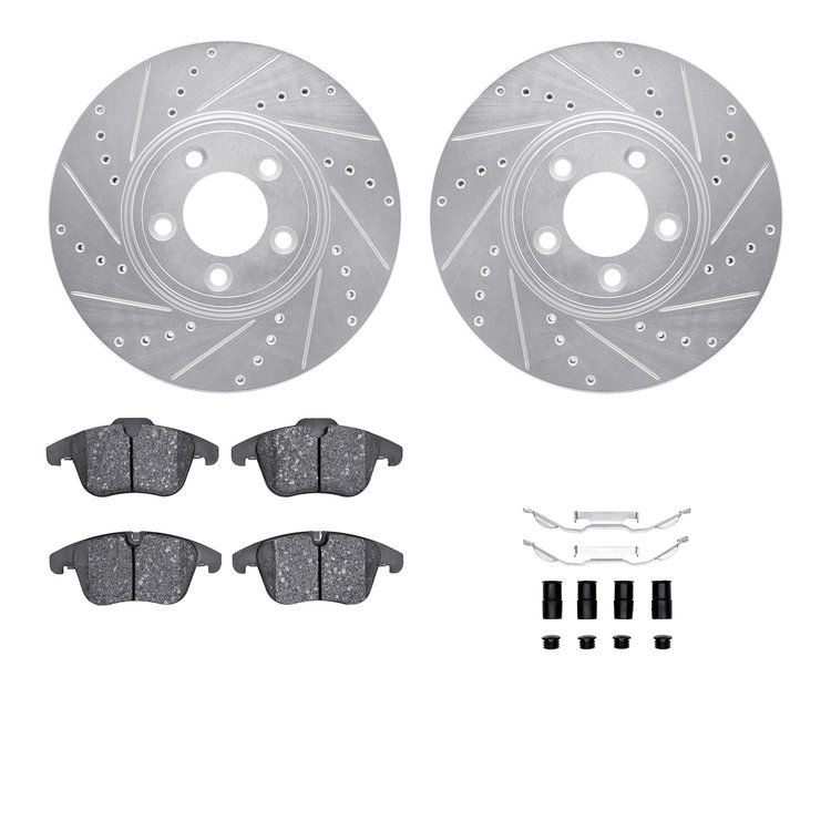 7612-20017 Drilled/Slotted Brake Rotors w/5000 Euro Ceramic Brake Pads Kit & Hardware [Silver], 2006-2008 Jaguar, Position: Fron