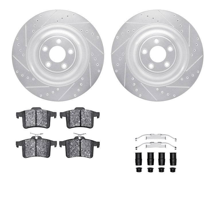 7612-20020 Drilled/Slotted Brake Rotors w/5000 Euro Ceramic Brake Pads Kit & Hardware [Silver], 2010-2015 Jaguar, Position: Rear