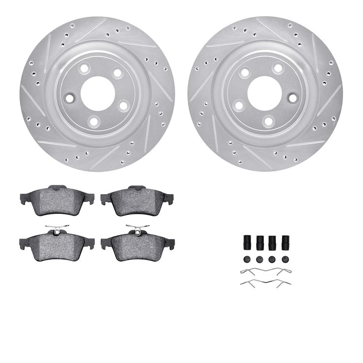 7612-20021 Drilled/Slotted Brake Rotors w/5000 Euro Ceramic Brake Pads Kit & Hardware [Silver], 2006-2008 Jaguar, Position: Rear